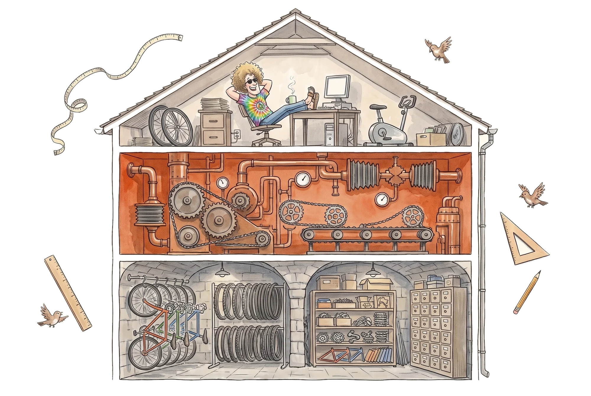 Ink-and-watercolour drawing of a three-storey cutaway house: the hev mascot with his feet up at a desk in the attic office beside a stationary exercise bike, a burnt-orange machine floor of chains, cogs and gauges running by itself below him, and a stone-vaulted basement archive of bicycles hanging in rows, racks of tyres, shelves of parts and drawers of components.